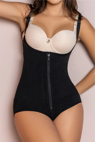 Woman wearing high-waisted tummy control shapewear bodysuit with zipper
