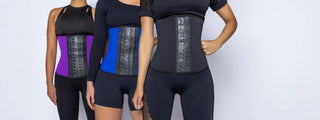 Three women wearing waist trainer corsets in purple, blue and black — Jackie London
