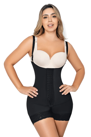 Front view of a woman modeling the Black Full Back Smoothing Tummy Control Shaper with Hooks from Jackie London