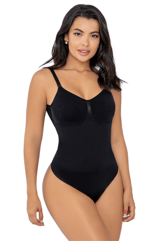 Woman wearing Black Seamless Sculpting Low Back Thong Bodysuit shapewear by Jackie London, front view