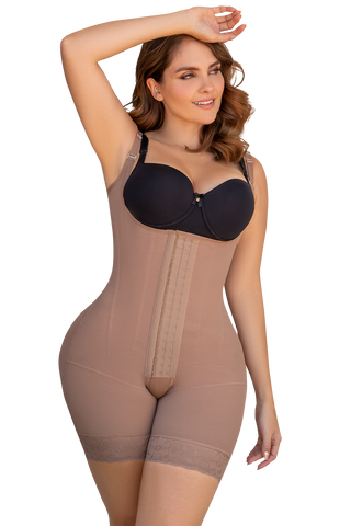 Woman wearing Mocha Hourglass Body Shaper With Bones shapewear by Jackie London, front view