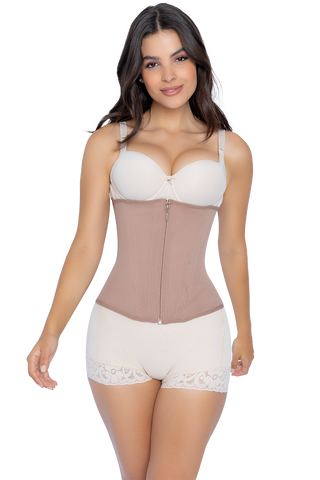 Front view of a woman modeling the Mocha Powernet Waist Trainer Strapless from Jackie London