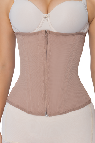 Woman wearing Mocha Powernet Waist Trainer Strapless shapewear by Jackie London, front view