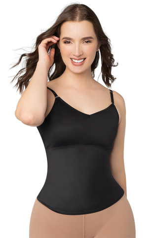 Front view of a woman modeling the Black Tank Top Body Shaper from Jackie London