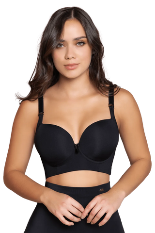 Woman wearing Black Essential Full Coverage Bra shapewear by Jackie London, front view