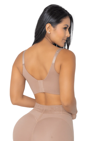 Back view of a woman wearing Mocha Essential Full Coverage Bra shapewear by Jackie London