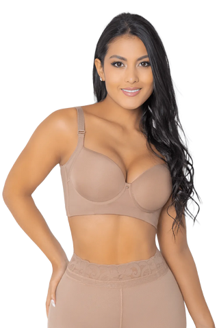 Woman wearing Mocha Essential Full Coverage Bra shapewear by Jackie London, front view