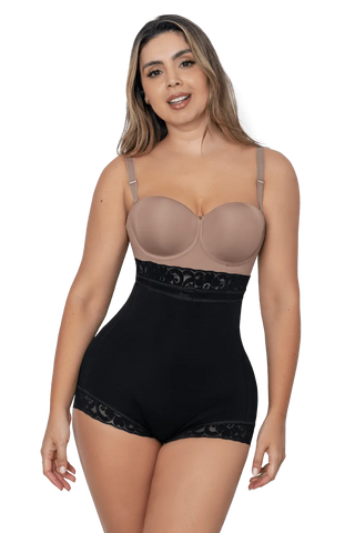 Woman wearing Black Extra High-Waisted Butt Enhancer Shaper Panty shapewear by Jackie London, front view