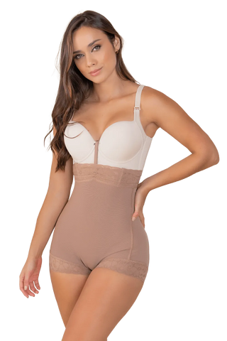 Front view of a woman modeling the Mocha Extra High-Waisted Butt Enhancer Shaper Panty from Jackie London