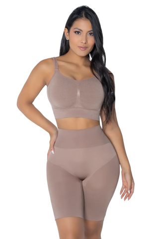 Front view of a woman modeling the Mocha High Waist Seamless Push Up Shorts from Jackie London