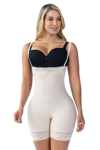 Jackie London high-waisted butt enhancer body shaper in beige with lace trim waistband and leg hem, front view full body shapewear on model