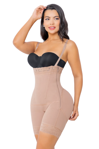 Woman wearing Mocha High Waisted Butt Enhancer With Side Zipper shapewear by Jackie London, front view