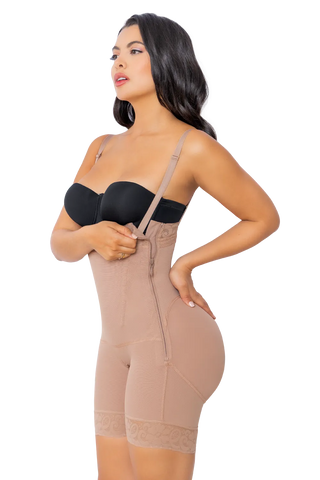Back view of a woman wearing Mocha High Waisted Butt Enhancer With Side Zipper shapewear by Jackie London