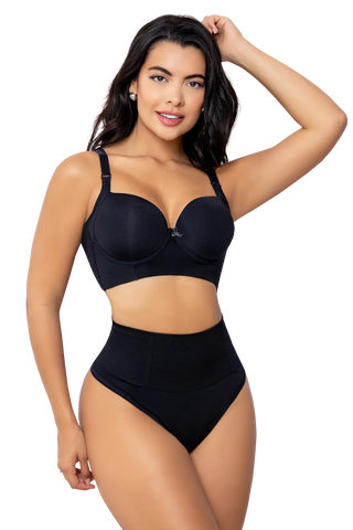 Front view of a woman modeling the Black High Waisted Seamless Thong from Jackie London