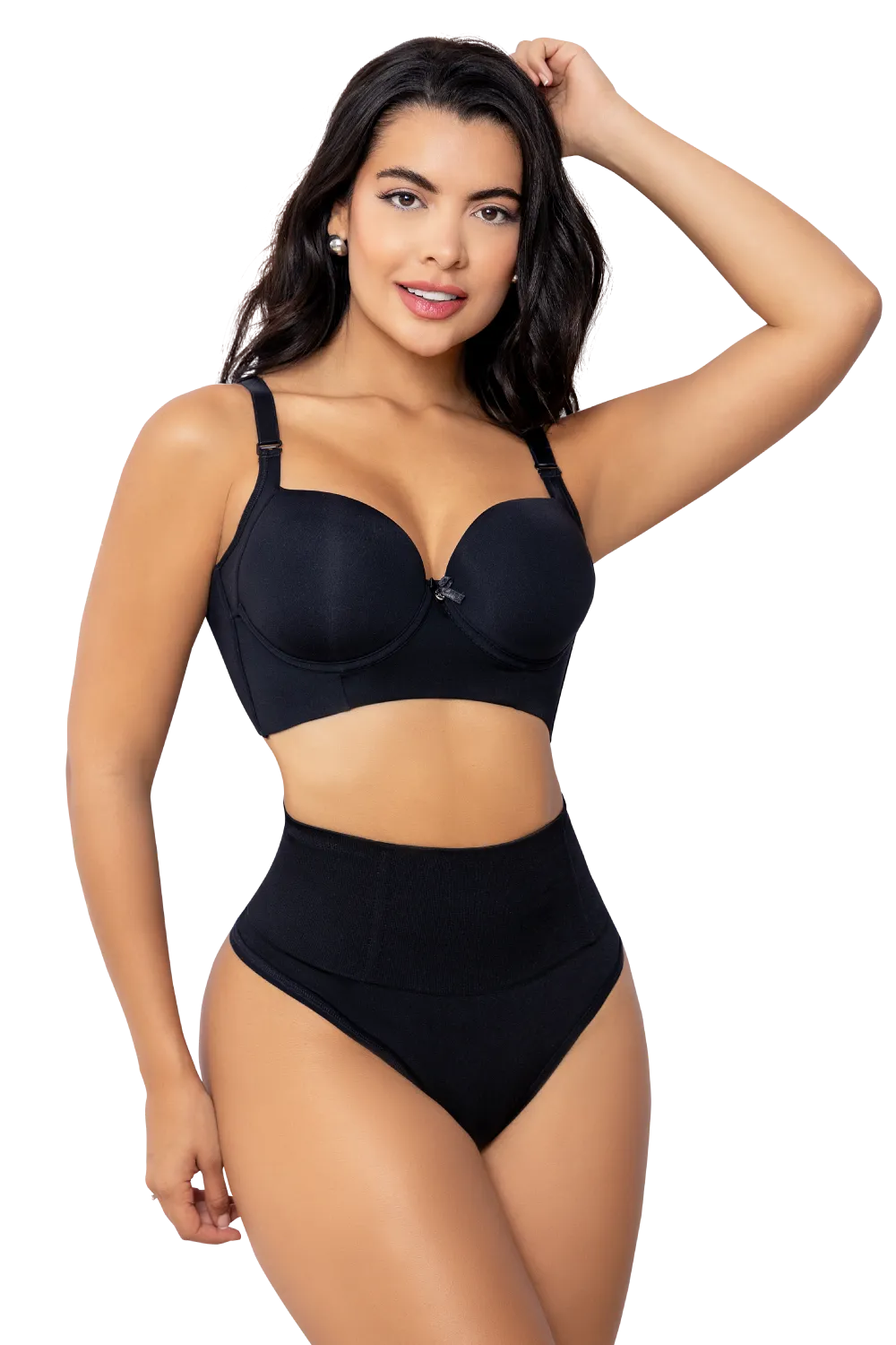 Front view of a woman modeling the Black High Waisted Seamless Thong from Jackie London