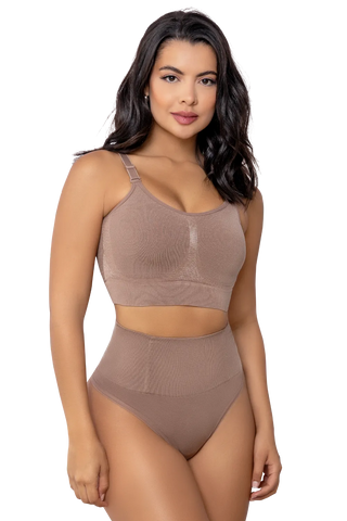 Back view of a woman wearing Mocha High Waisted Seamless Thong shapewear by Jackie London