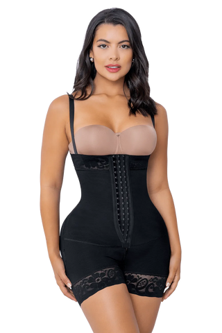 Woman wearing Black High Waisted Tummy Control Butt Lifter With Hooks shapewear by Jackie London, front view