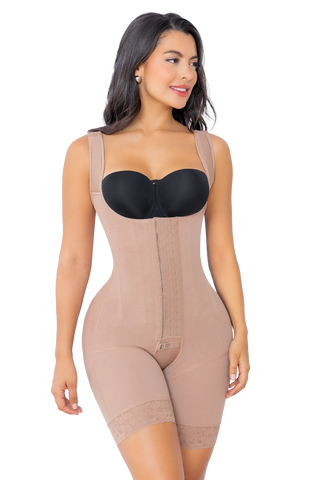 front view of a woman wearing Hourglass Body Shaper With Boning And Wide Straps shapewear by Jackie London