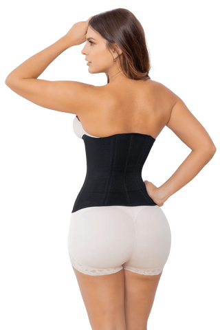 Back view of a woman wearing Black Hourglass Waist Trainer shapewear by Jackie London