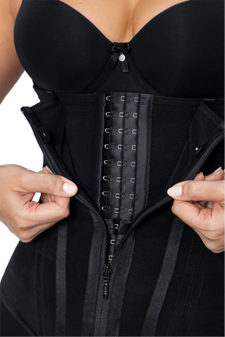 Close-up detail of the Black Hourglass Waist Trainer shapewear by Jackie London