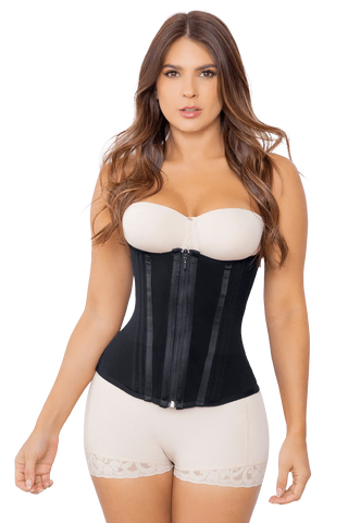 Woman wearing Black Hourglass Waist Trainer shapewear by Jackie London, front view