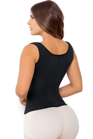 Back view of a woman wearing Black Hourglass Waist Trainer With Adjustable Straps shapewear by Jackie London
