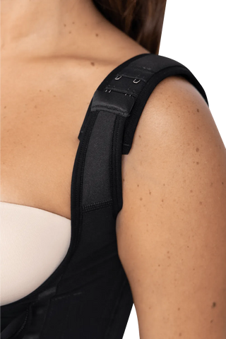 Close-up detail of the Black Hourglass Waist Trainer With Adjustable Straps shapewear by Jackie London