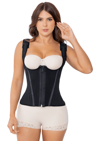 Woman wearing Black Hourglass Waist Trainer With Adjustable Straps shapewear by Jackie London, front view