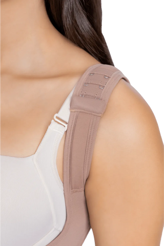 Close-up detail of the Mocha Hourglass Waist Trainer With Adjustable Straps shapewear by Jackie London