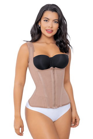 Front view of a woman modeling the Mocha Hourglass Waist Trainer With Adjustable Straps from Jackie London