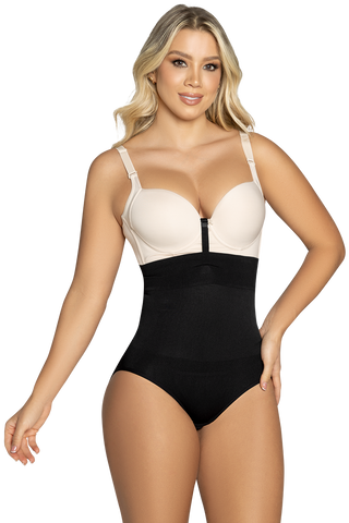Front view of a woman modeling the Black Strapless Seamless Panty Bodysuit from Jackie London