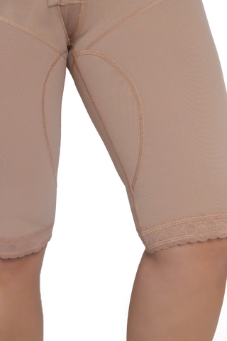 Close-up detail of the legs on the Jackie London full-body shapewear with built-in bra and sleeves