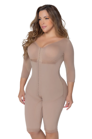 Woman wearing Mocha Long Body Shaper With Brassier And Sleeves shapewear by Jackie London, front view
