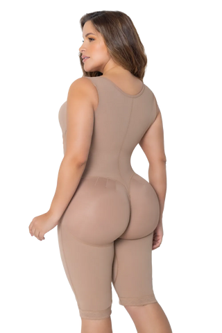 Woman modeling the Long Body Shaper With Brassier And Wide Straps from Jackie London, rear view