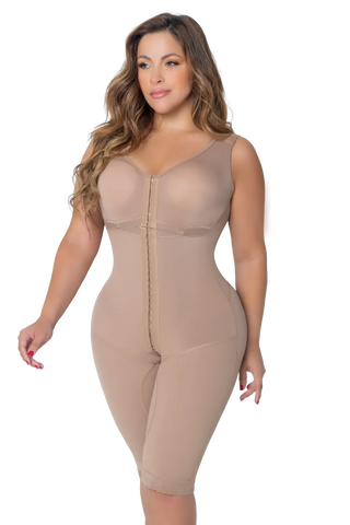 Front view of a woman modeling the Mocha Long Body Shaper With Brassier And Wide Straps from Jackie London