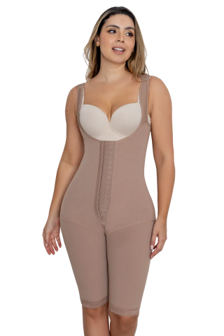 Front view of a woman modeling the Mocha Long Body Shaper With Wide Straps And Perineal Zipper from Jackie London