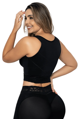 Woman wearing Black Longline Support Bra shapewear by Jackie London, front view