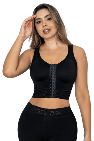Back view of a woman wearing Black Longline Support Bra shapewear by Jackie London