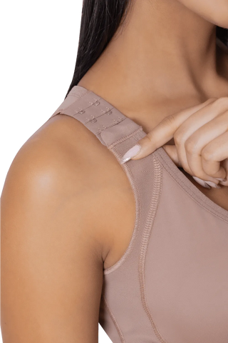Close-up detail of the Mocha Longline Support Bra shapewear by Jackie London