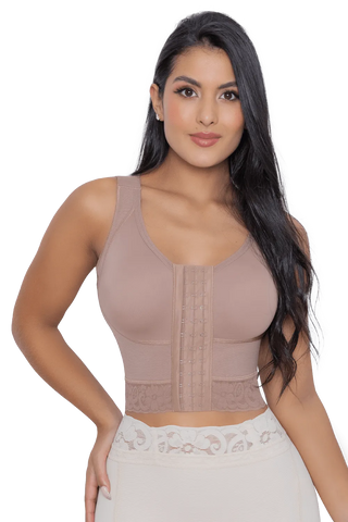 Front view of a woman modeling the Mocha Longline Support Bra from Jackie London