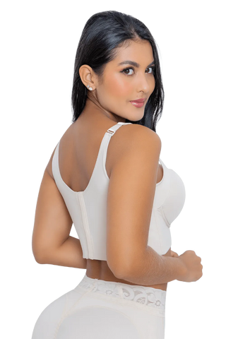 Woman modeling the Beige Max Back Coverage Bra from Jackie London, rear view