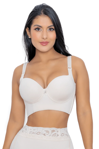 Front view of a woman modeling the Beige Max Back Coverage Bra from Jackie London