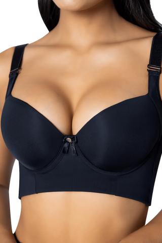 Close-up detail of the Black Max Back Coverage Bra shapewear by Jackie London