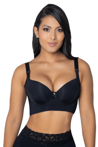 Woman wearing Black Max Back Coverage Bra shapewear by Jackie London, front view