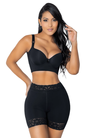 Woman wearing Black Shorts Butt Enhancer shapewear by Jackie London, front view