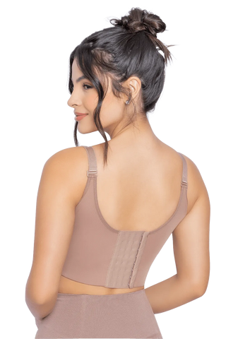 Woman modeling the Mocha Max Back Coverage Bra from Jackie London, rear view