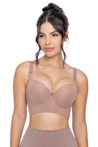 Front view of a woman modeling the Mocha Max Back Coverage Bra from Jackie London