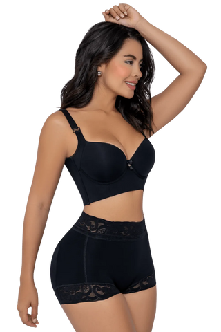 Front view of a woman modeling the Black Padded Butt Lifter Panty from Jackie London