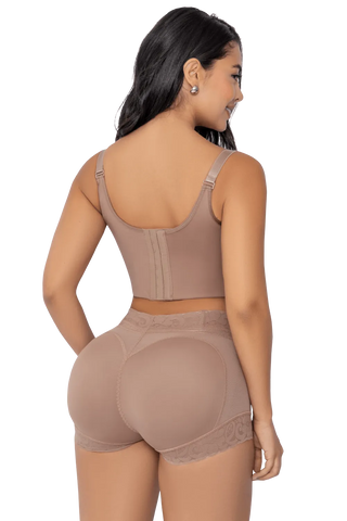 Woman modeling the Mocha Padded Butt Lifter Panty from Jackie London, rear view