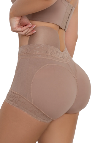 Close-up detail of the Mocha Padded Butt Lifter Panty shapewear by Jackie London